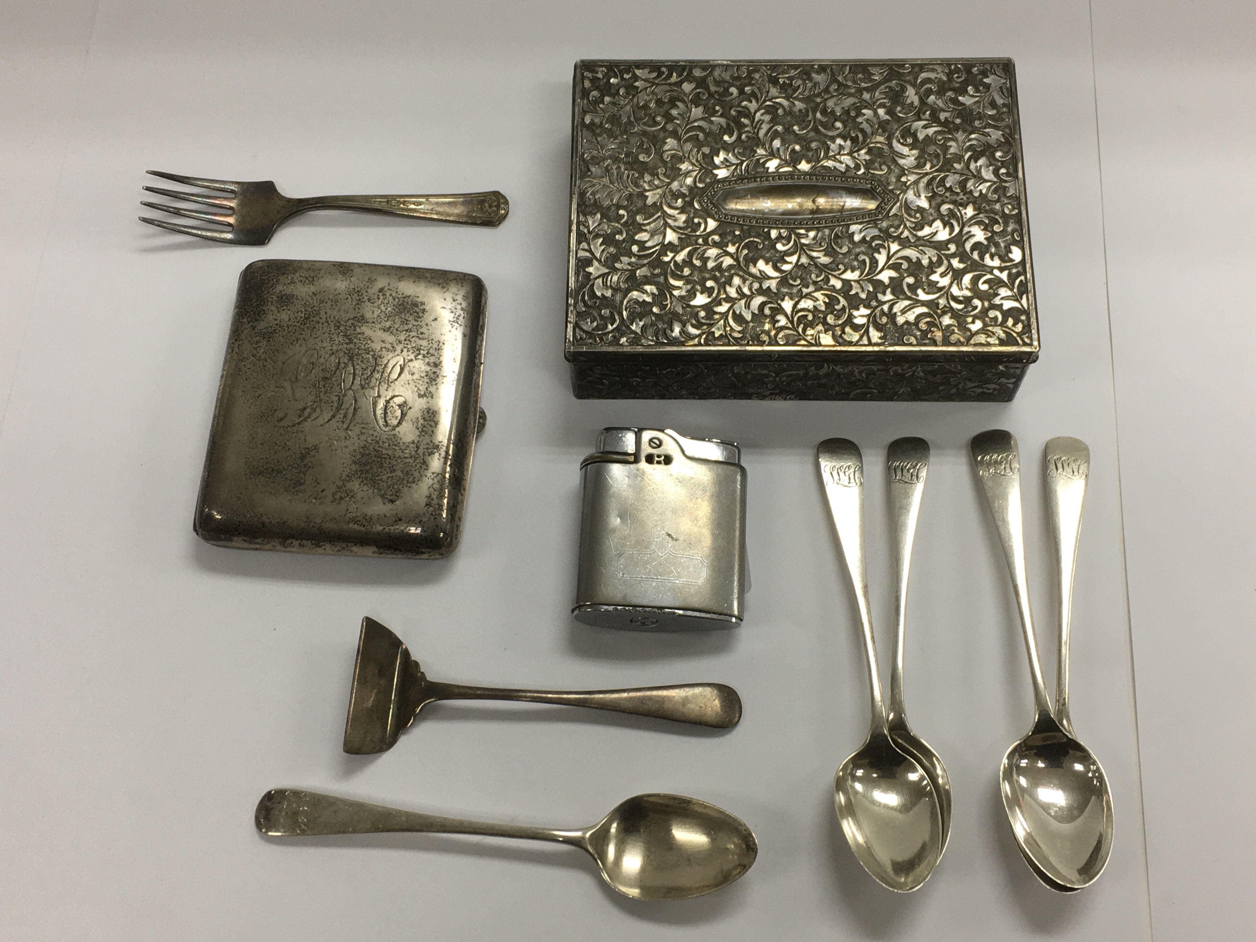 Five silver teaspoons, a silver cigarette case, li