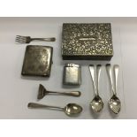 Five silver teaspoons, a silver cigarette case, li