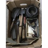A box of woodworking tools including a Record plan