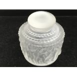 A boxed Lalique lidded jar decorated with cherubs,