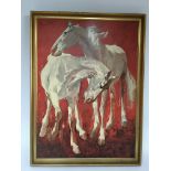 A vintage print of two white horses.Approx 62x85cm