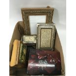 A box of decorative boxes including khatam type