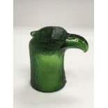 A Lalique green glass bird of prey head ornament,