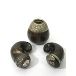 Two Scottish horn and silver mounted snuff holders plus a pot of similar type.Slightly a/f