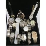 A box containing modern designer watches and repli