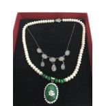 A cultured pearl and green stone set necklace plus