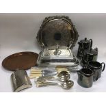 A box of silver plated and metalware items includi
