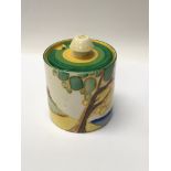 A Clarice cliff preserve pot decorated in the secr