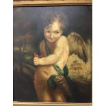 A gilt framed oil on canvas of a winged cherub. Si