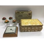 A GEC radio, four lucite preserve pots, barometer