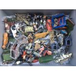 A box containing a collection of Diecast and plastic farmyard figures etc