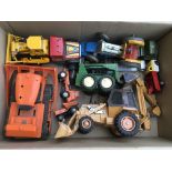 A box containing a collection of tinplate, diecast