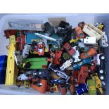 A box containing a collection of playworn Diecast vehicles including Corgi, Matchbox, Majorette,