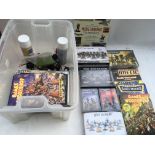 A box containing a collection of Warhammer, including sealed boxes of figures, Games Workshop