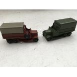 Dinky toys, loose Diecast, 2x six wheeled wagons, a scarce brick red version and a military version,