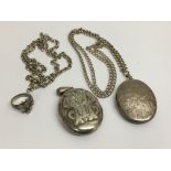 Two large Victorian silver lockets, a silver belcher necklace and modernist ring, approx 96g