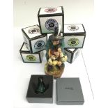 A boxed Lalique glass frog, a Doulton figure 'The Mask Seller' and 'Pot Bellys' ornaments