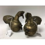 A pair of Oriental style brass lidded pots in the form of cockerels
