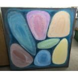 A large modern abstract oil on canvas depicting shapes, signed by the artist. Signature reads "