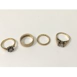 Two 9ct wedding bands, a 9ct stone set ring and a