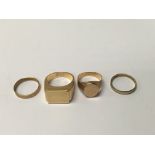 A 9 ct gold band ring and three other unmarked rings .