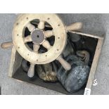 A box containing old wooden tackle blocks possible marine rigging blocks