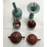 Chinese pottery and porcelain group. 2 miniature Yi-Xing terracotta pottery water droppers 3