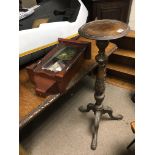 A Victorian mahogany tripod pedestal plant stand + mahogany cased wall clock