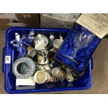 A box of mixed pottery and porcelain and a Mappin And Webb commemorative glass and alabaster table