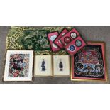 A collection of framed and unframed Chinese embroidered silk panels together with 2 rice paper