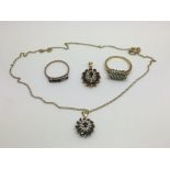 A small collection of gold jewellery set with sapphires and small diamonds, approx 10g.