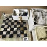 Onyx and marble chess board with 3 chess sets