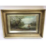 A 19th century, framed oil painting depicting figures by a lake, signed J.Gould.Approx 29x39cm,