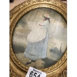 A gilt framed 19 th century tapestry figure in landscape view 19 cm