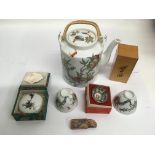 A 20th century Chinese Peach Bloom teapot and cups, a seal and other items