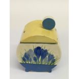 A Clarice Cliff 'Bonjour shape, Blue Crocus' pattern preserve pot.Approx 12cm, lid overpainted.