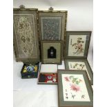 A group of oriental framed silks , a seal set and other items