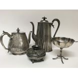 A Victorian silver plated coffee pot, tea pot and dish on legs an Art nouveau bowl and lid