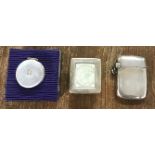 3 small silver items including a silver stamp box, boxed silver pill box and a Vesta case