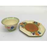 A Clarice Cliff octagonal 'Crocus' pattern plate and small bowl.Plate approx 14cm