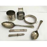A group of silver items including a bangle, spoons and pencil holders, approx 235g
