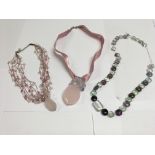 2 pink quartz necklaces with silver clasp & multi coloured quartz necklace
