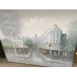 A large framed oil painting of a street scene, signed by the artist. Measures approximately 153cm by
