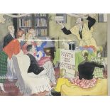 A framed 1950s watercolour depicting a family party with performing magician Mysto the Mysterious by