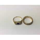 A 18 ct gold ring inset with sapphire and diamonds and 9ct gold ring