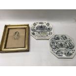 Two 1887 Jubilee plates and a framed engraving of queen Victoria, circa 1840.