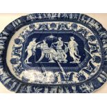 A Victorian blue and white meat plate decorated with a classical scene 50 cm
