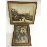 A well detailed painting of a lion, signed H.Pellissier, '29, and a watercolour of figures on a