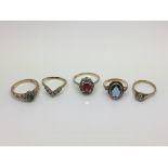 Five gold rings set with different coloured stones, approx 11g, various sizes .