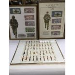 Two framed collections of British armed forces banknotes, a framed poster of military uniforms and